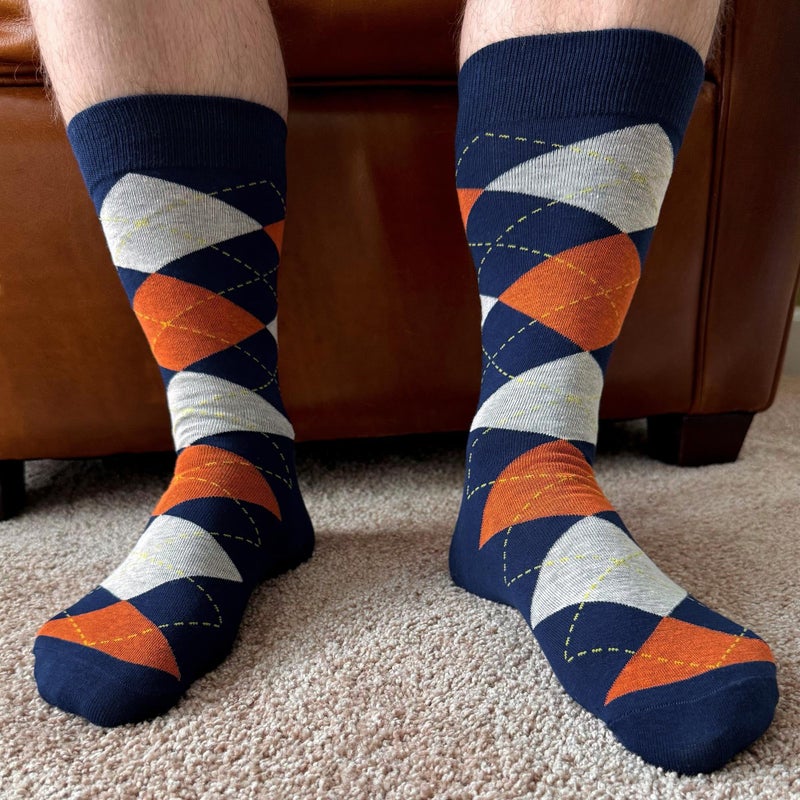 tiemart Men's Socks, One Pair (Navy Blue and Orange Argyle) - Image 5